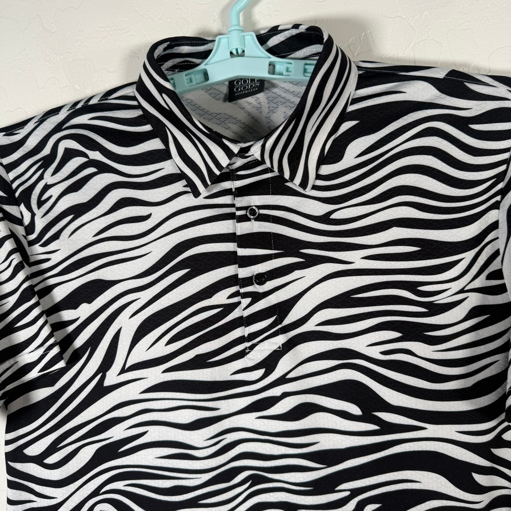 Golf Gods Polo Shirt Mens Medium White Zebra Print Performance Golfing Top